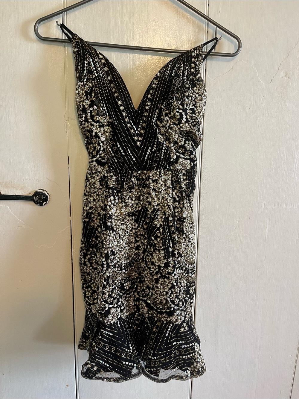 Lulu's Black and White Beaded V-Neck Mini Dress